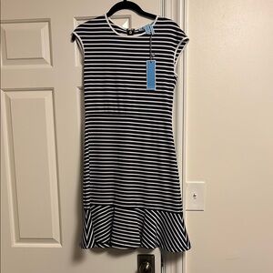 Girls Navy and White Striped Cap-Sleeve Dress